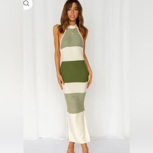 Olive Green and White Striped Midi Dress